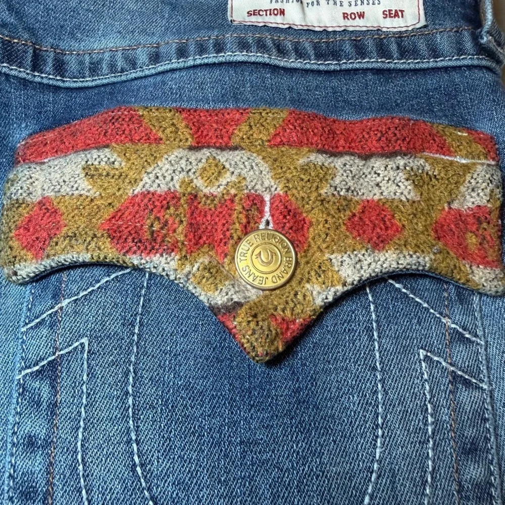 True Religion Mens Size 32 Ricky Relaxed Straight Jeans Distressed Flap Pockets